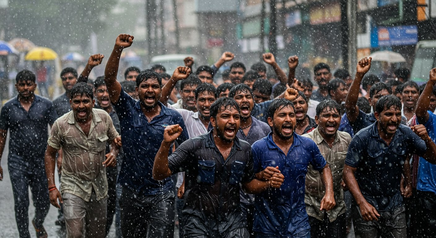 Power workers, drenched in rain, thunder against privatization: Vow to continue protest