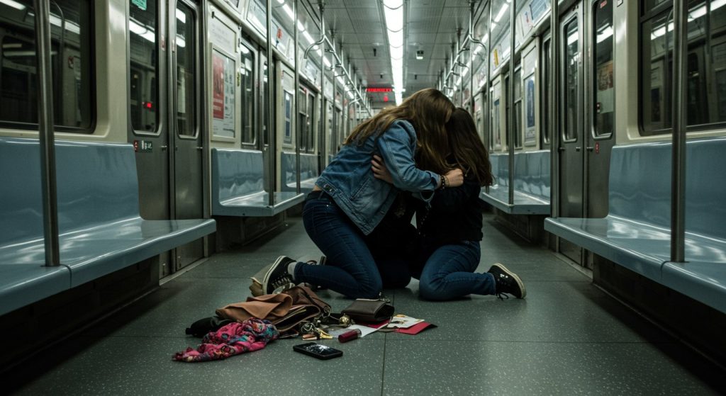 Two Girls Scuffle in Empty Metro: Mobiles, Bags, Clothes Scattered, Then Suddenly...