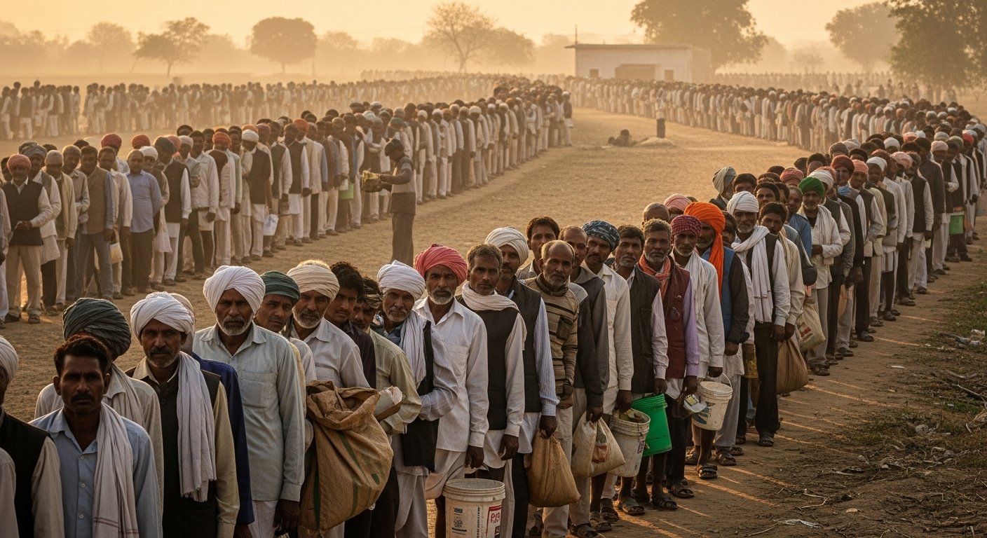 Long queues of farmers for fertilizer in Sonbhadra: Chaos continues, with crowds waiting since morning.