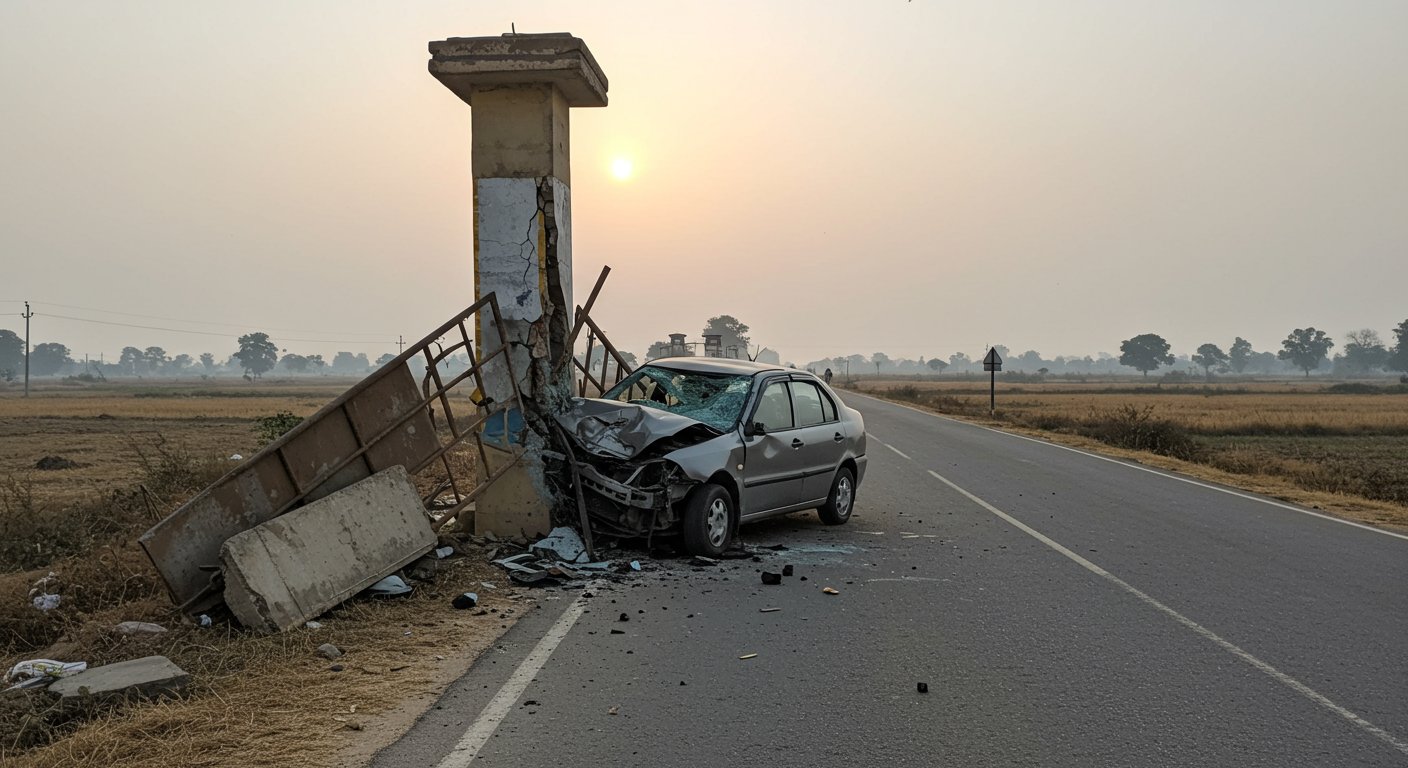Budaun: Birthday celebrations turn tragic as car hits welcome gate, 3 friends including a Lekhpal killed.