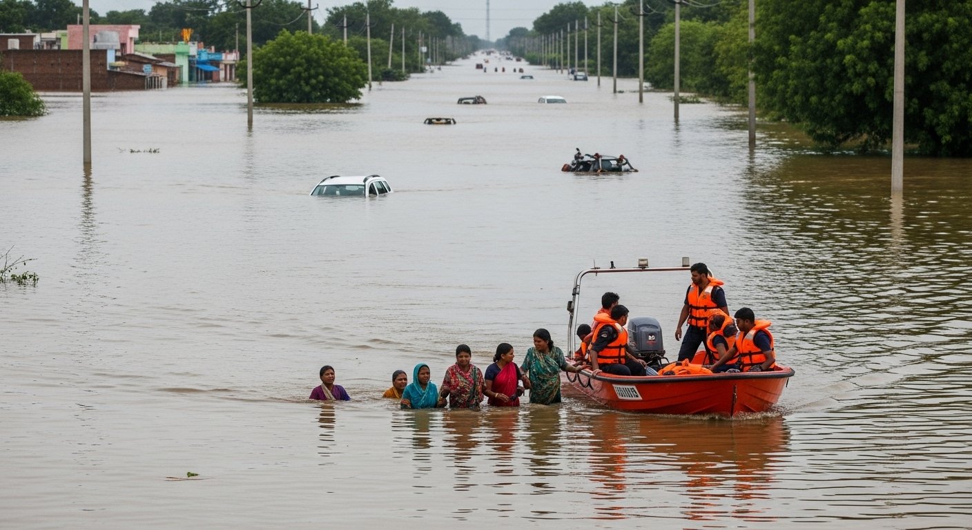 Flood Becomes a Problem: Three Feet of Water on Jalalabad-Shamshabad State Highway, Relief Work by Motorboat