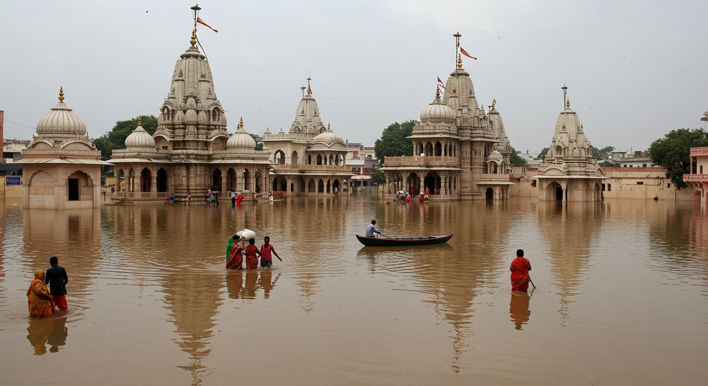 Flood Havoc in Mathura: Yamuna Water Level Rises, Roads Turn into Ponds, Water Enters Temples, Thousands Leave Homes