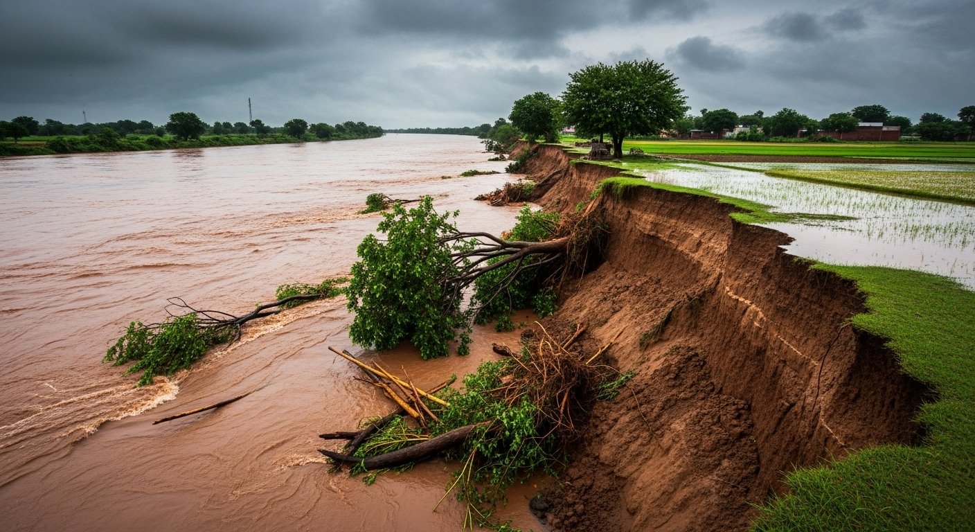 Devastating Saryu in Mau: River Flows 10 cm Above Danger Mark, Rapid Erosion Underway!