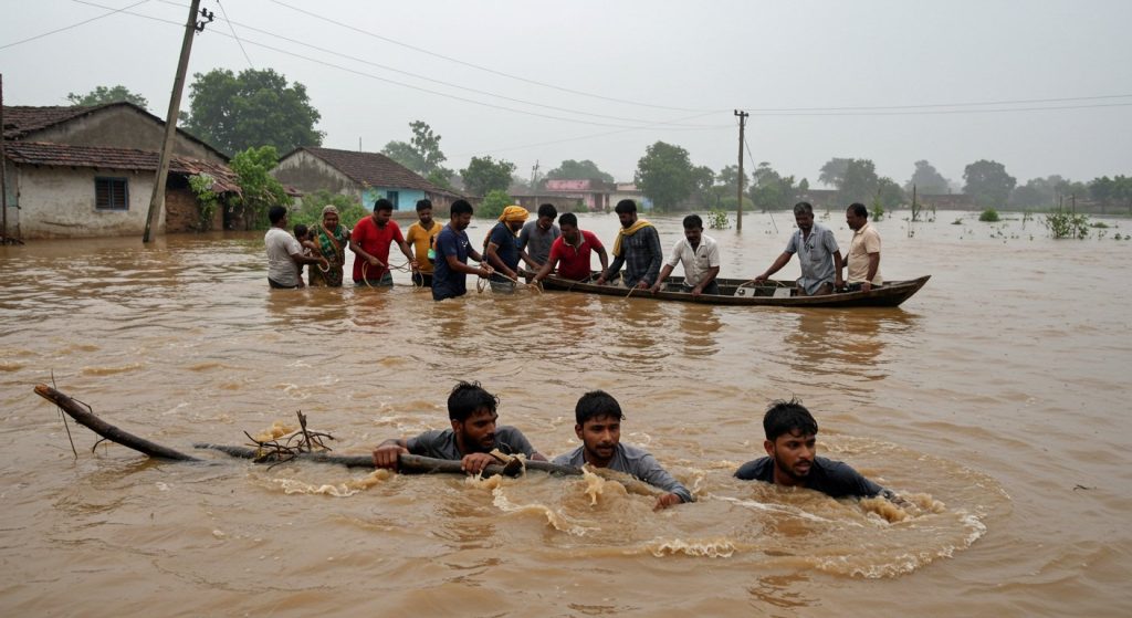 Flood havoc in Farrukhabad: Villagers rescued three youths swept away in strong currents, 355 villages plunged into darkness.