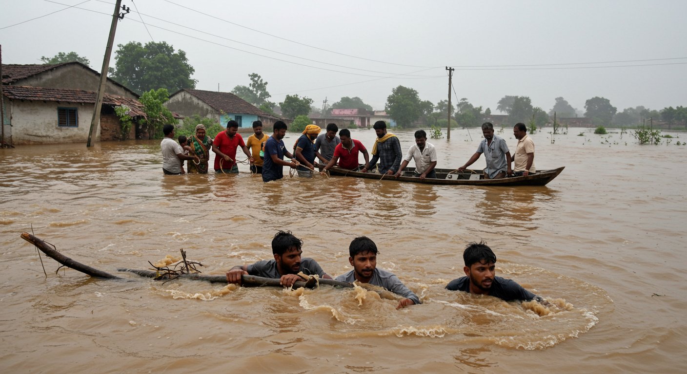 Flood havoc in Farrukhabad: Villagers rescued three youths swept away in strong currents, 355 villages plunged into darkness.