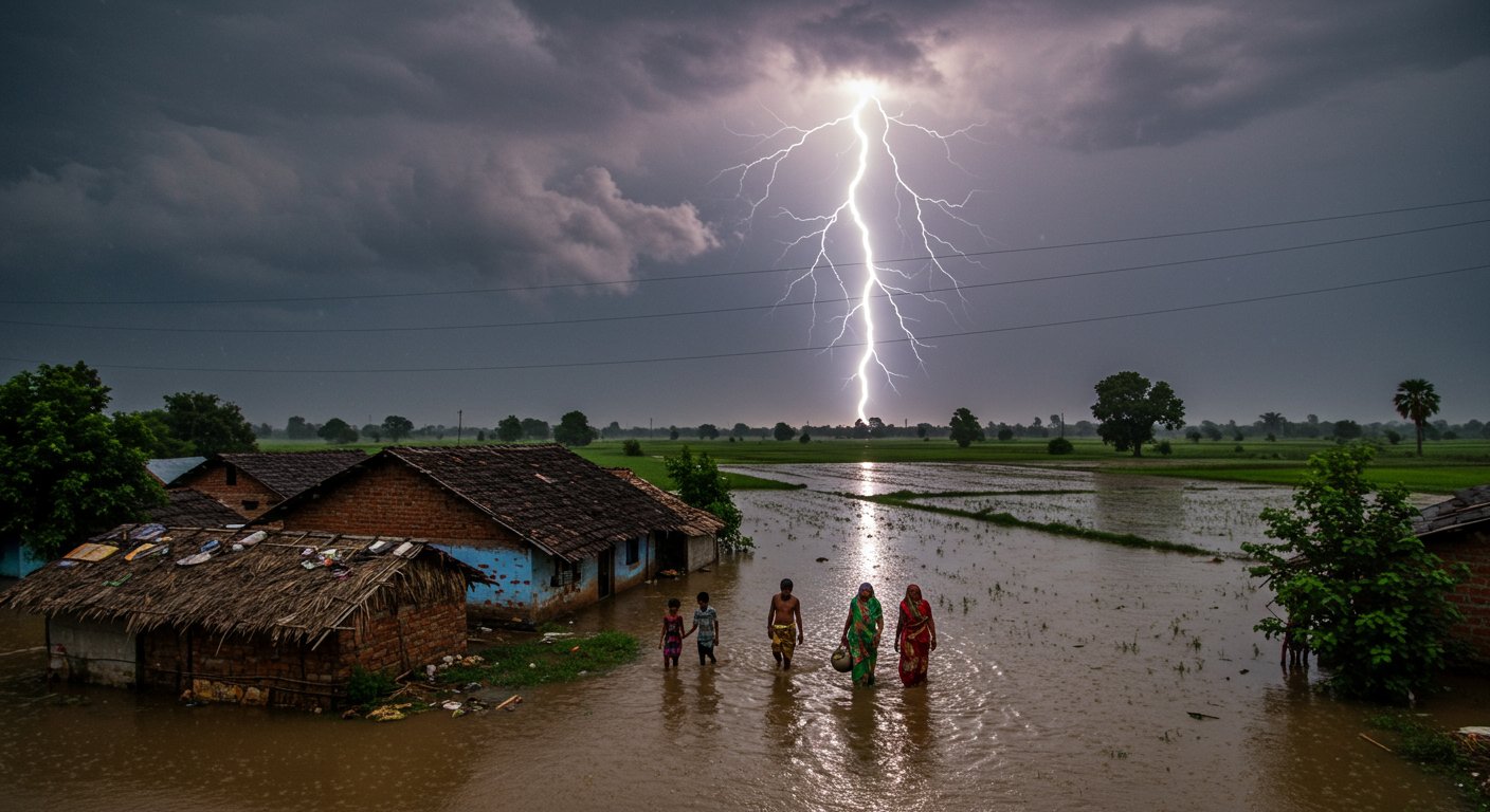 Floods wreak havoc in 17 districts of Uttar Pradesh; 6 dead from lightning in Bihar; India records record-breaking rain after 12 years.
