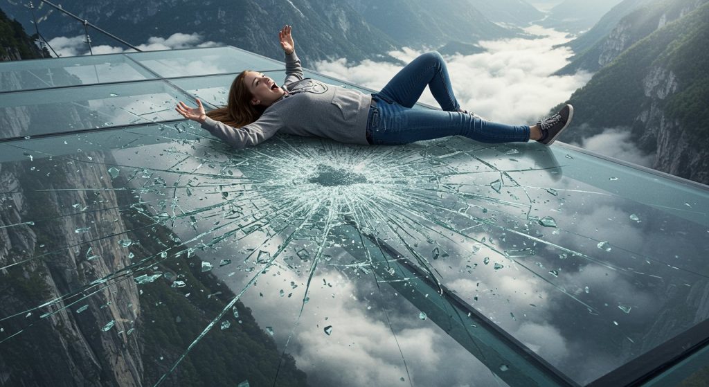 Glass suddenly shattered on a glass bridge, scared girl's viral AI video is blowing minds!