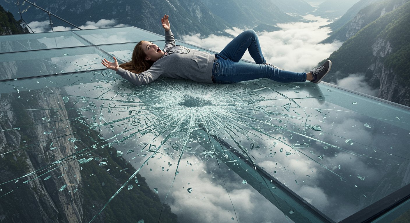 Glass suddenly shattered on a glass bridge, scared girl's viral AI video is blowing minds!