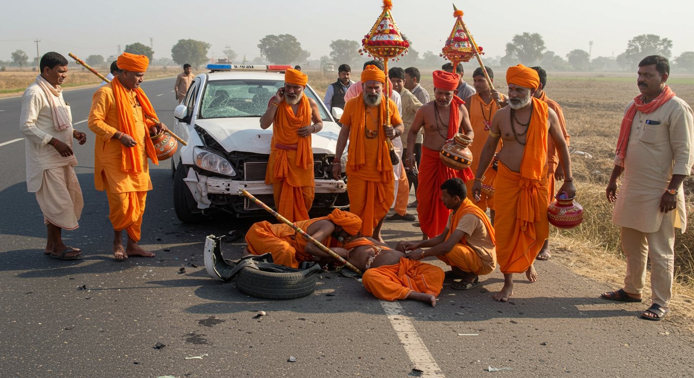 Major Accident in Hathras: Out-of-control car collides with Kanwariya group after tire burst, three injured.