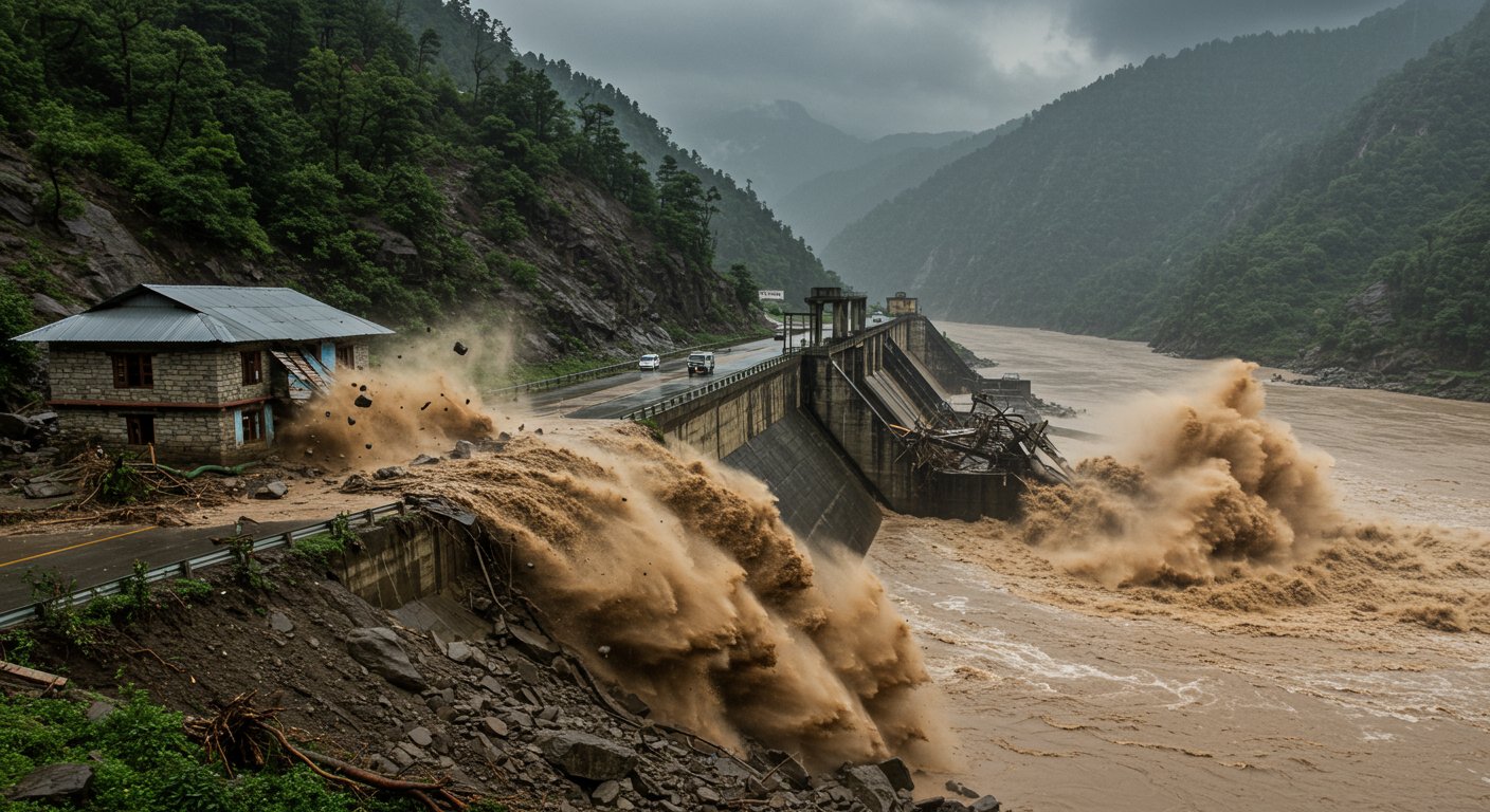 Torrential Rain Wreaks Havoc in Himachal: Chandigarh-Manali Four-lane Blocked, House Collapses in One Second in Mandi; Malana Dam Machinery Washed Away