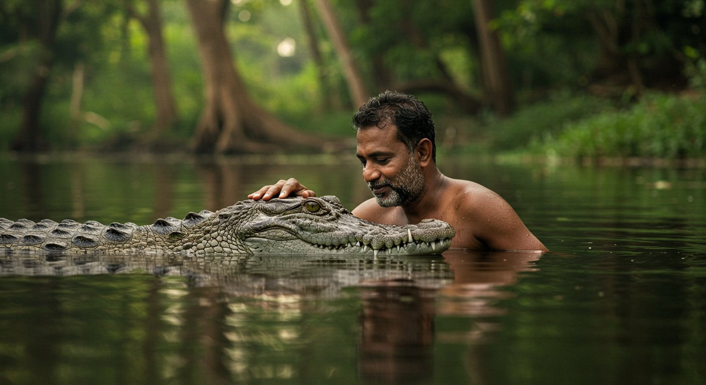 Shocking Relationship! Man Considers Crocodile His Big Sister, Bathes With It And Shows Affection, Video Goes Viral