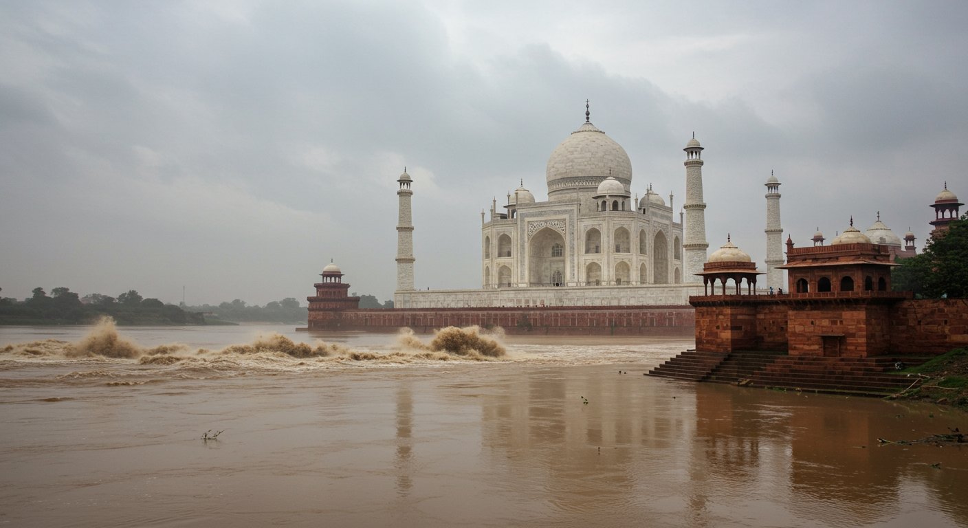 Raging Yamuna's Fury: Water Reaches Taj Mahal Walls in Agra, Balkeshwar's Parvati Ghat Submerged, UP on High Alert