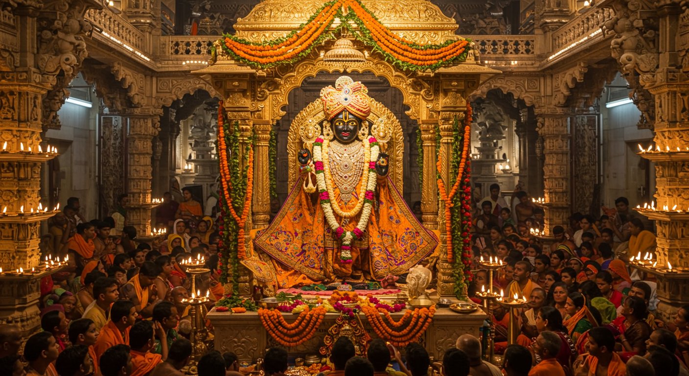 Grand Janmashtami Fervor in Dwarka: Dwarkadhish Adorned in Saffron, Massive Crowds Flocked for Darshan Until After Midnight