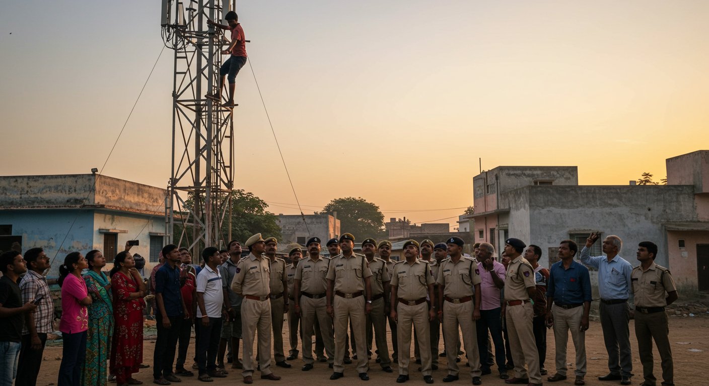 Youth climbs mobile tower in Kannauj; rescued by police after seven-hour high-voltage drama.