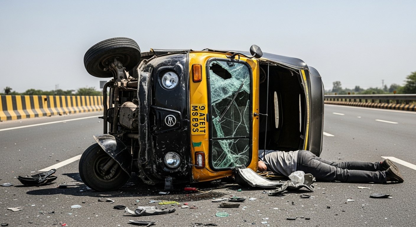 Horrific Road Accident in Kanpur: Auto Overturned After Collision with Unknown Vehicle, Driver Dies on Spot