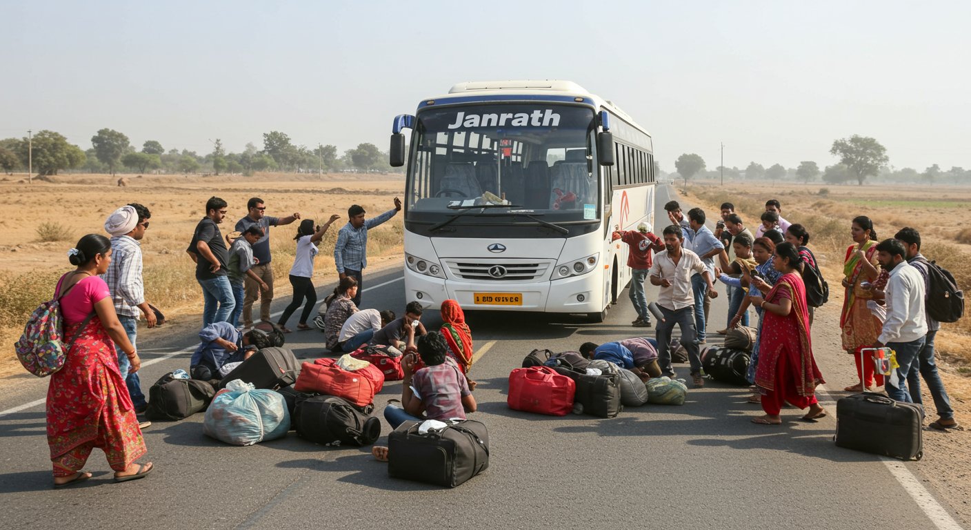 Janrath Bus Traveling from Kanpur to Varanasi Breaks Down Mid-Route, Passengers De-boarded, Major Uproar on Road!