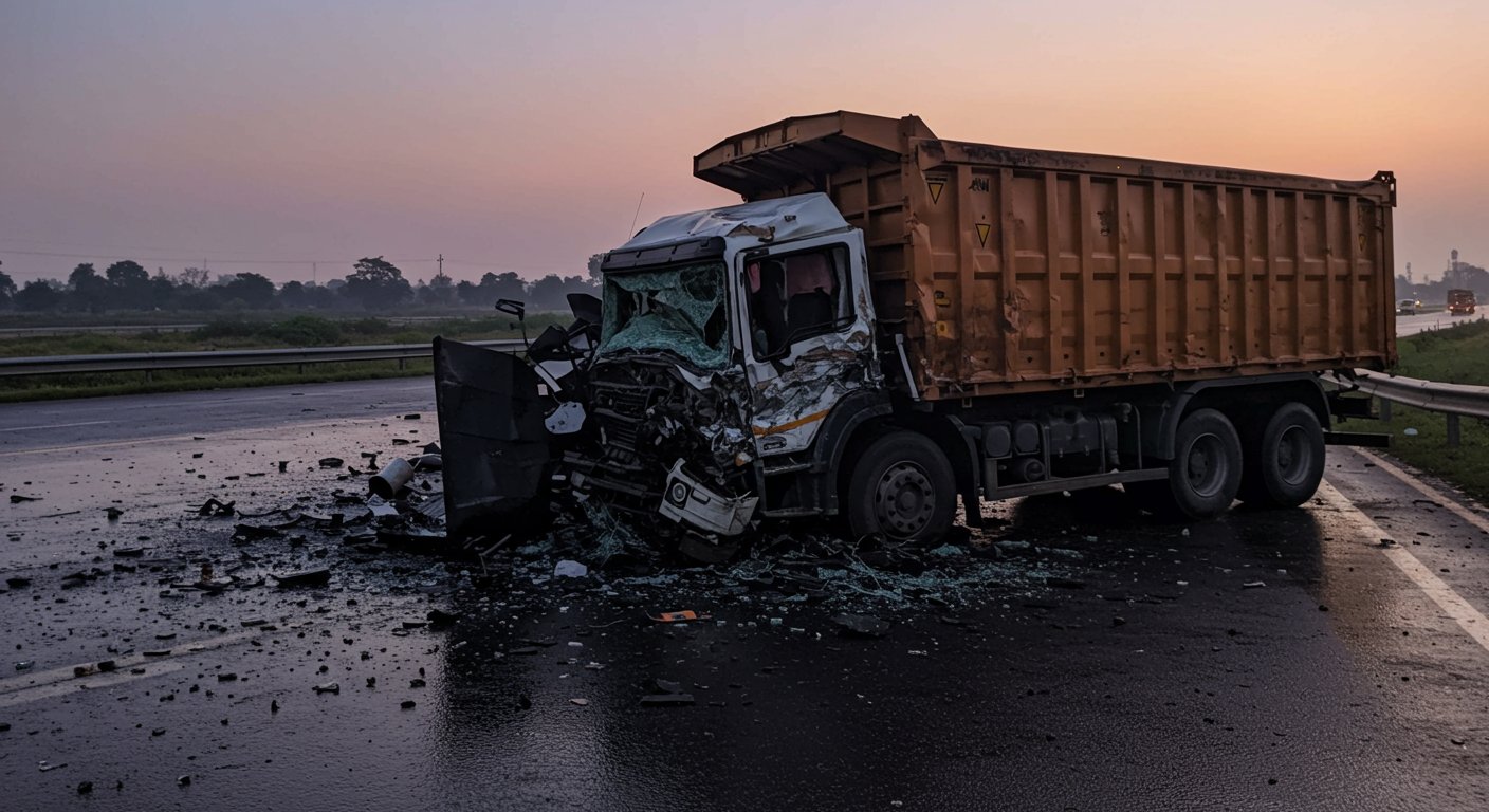 Horrific Road Accident in Kanpur: Container Collides with Parked Truck, Two Dead, Dozing Off Proved Fatal