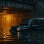 Scorpio occupants fleeing police in Kanpur, vehicle swallowed by underpass water.