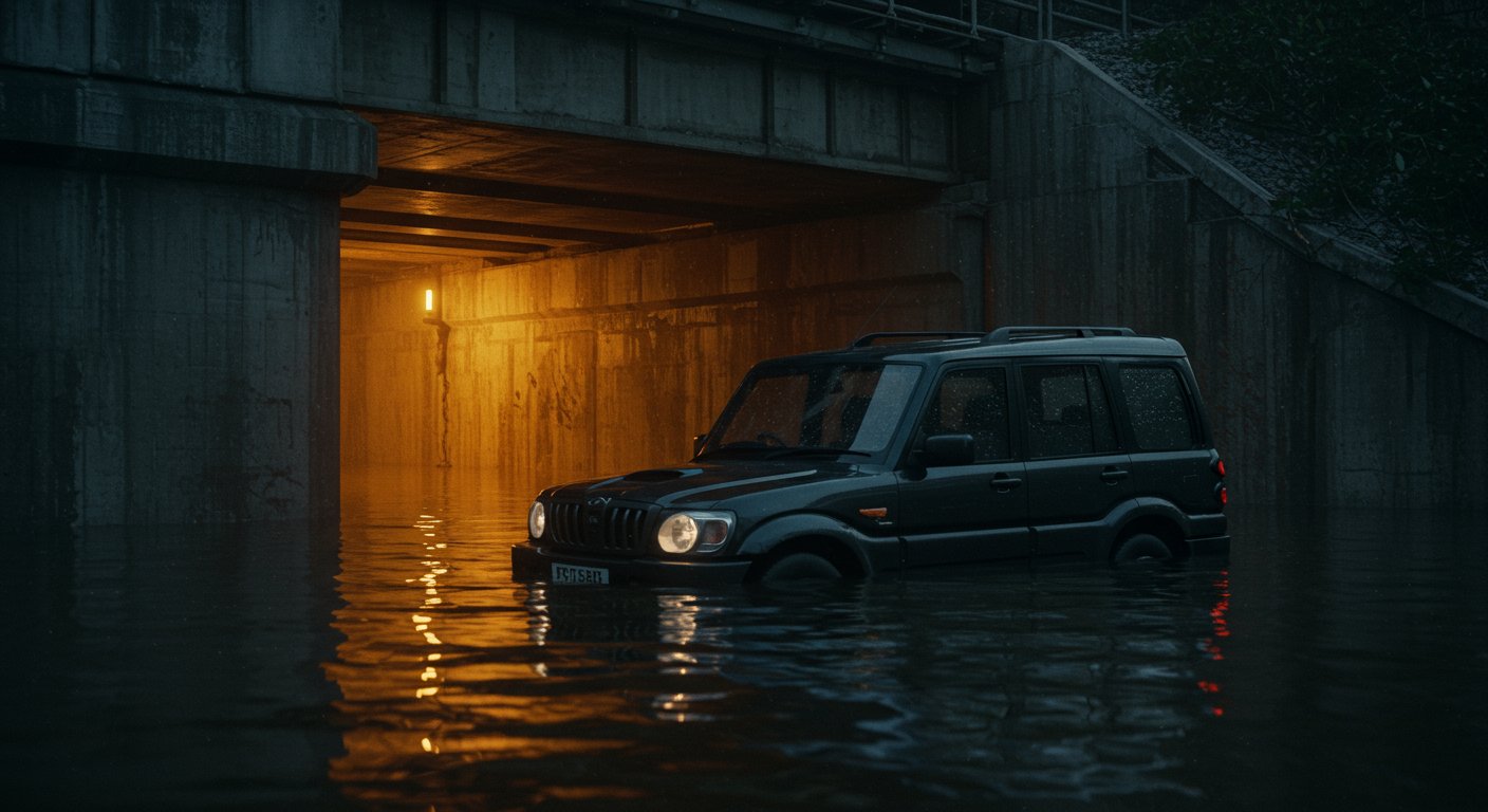 Scorpio occupants fleeing police in Kanpur, vehicle swallowed by underpass water.
