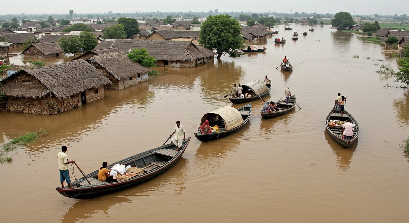 Kanpur: Katri villages completely surrounded by floodwaters, boats used for transportation.