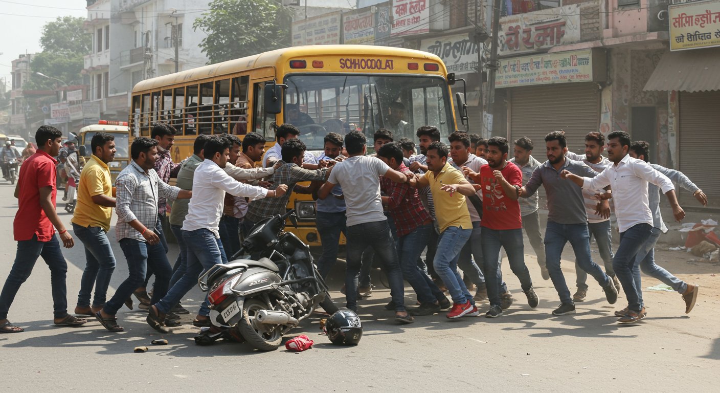 Horrific Accident in Moradabad: School Bus Drags Female Bank Employee 50 Meters, Angry Mob Thrashes Driver