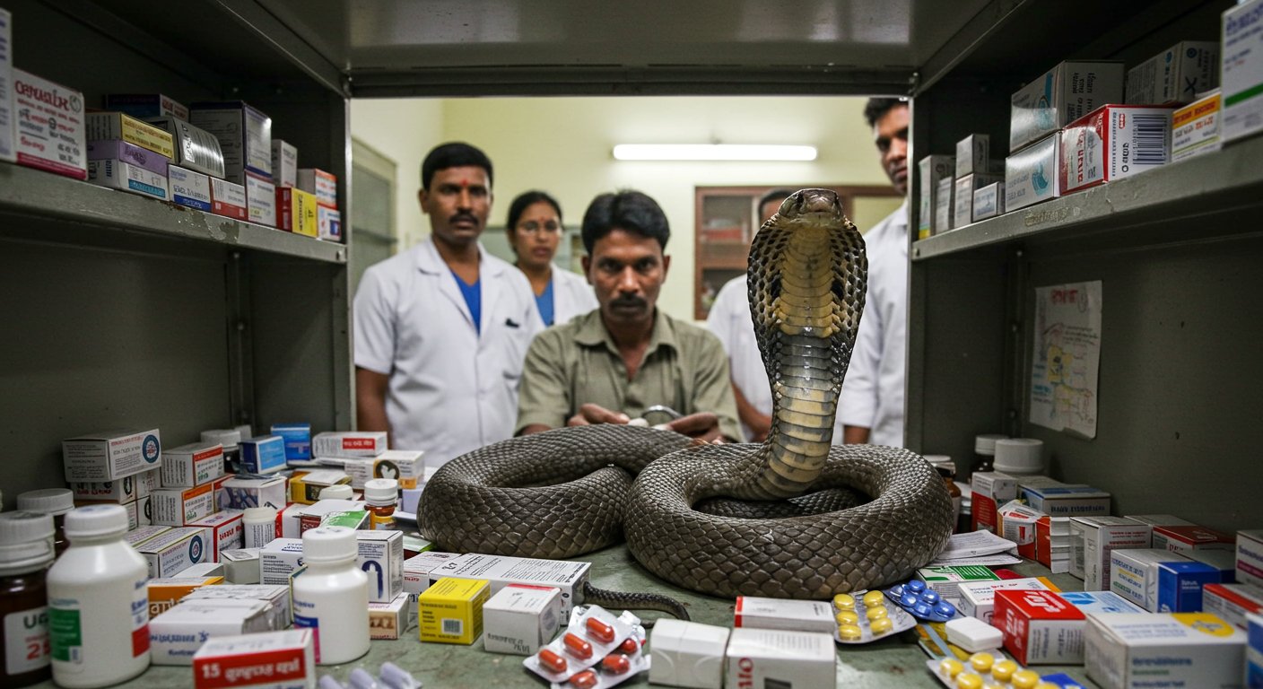 Panic in Government Hospital: 3.5-Foot Long King Cobra Found in Doctor's Cabin Medicine Rack, Safely Removed by Snake Charmer
