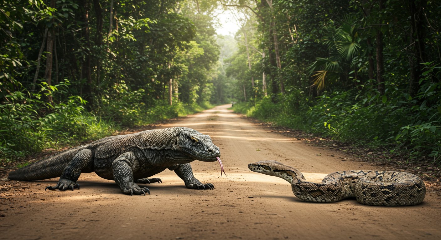 Horrifying Face-Off Between Komodo Dragon And Giant Snake On The Street, Video Goes Viral!