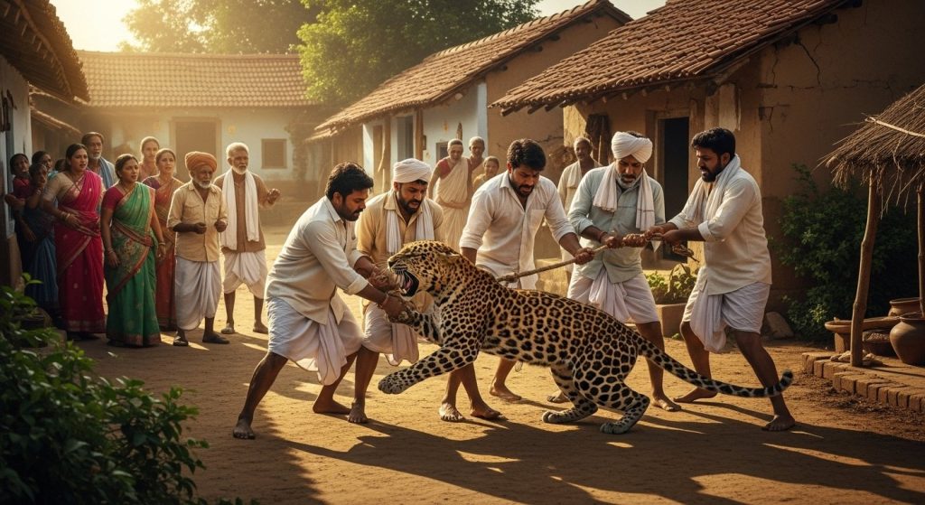 Leopard's Terror in Lakhimpur Kheri: Villagers Bravely Apprehend Predator That Came to Hunt Dogs and Goats; Video Viral