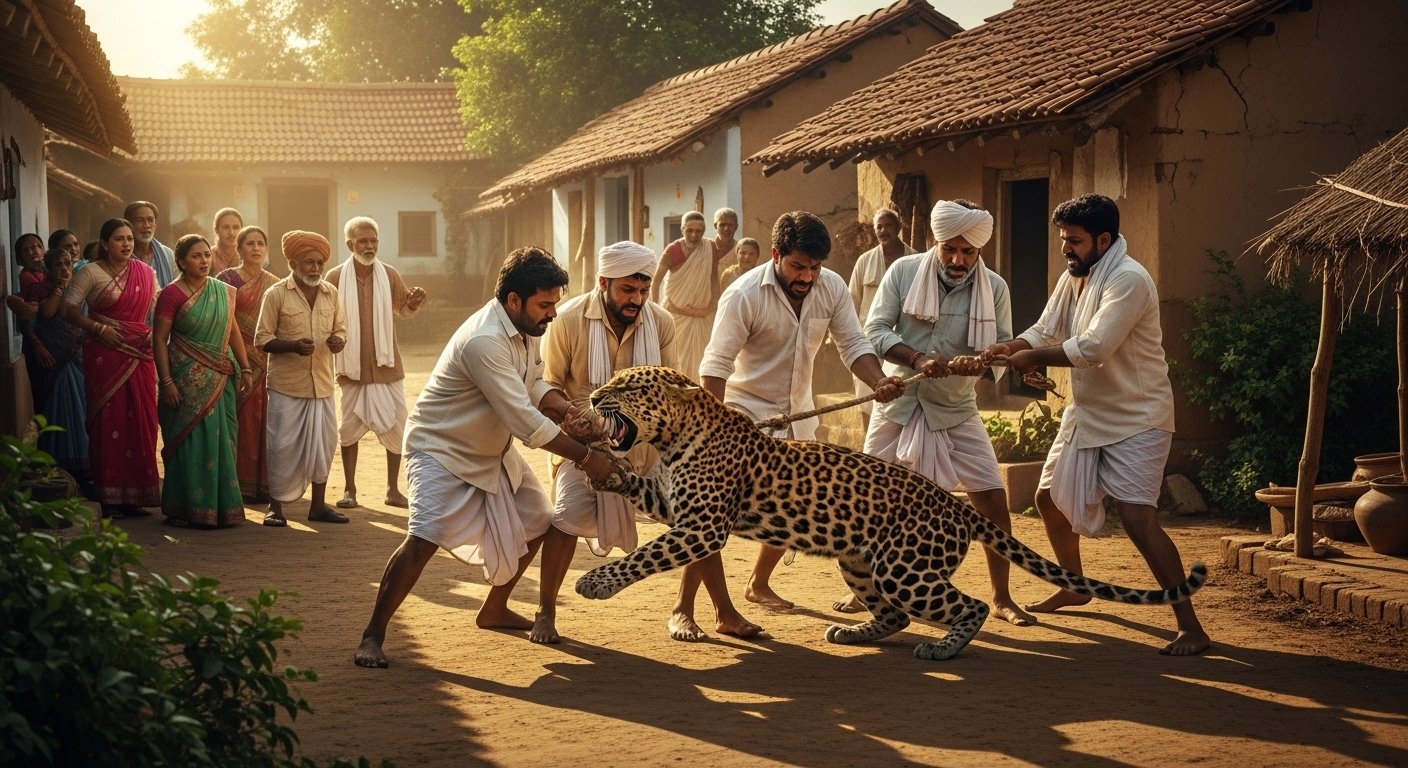 Leopard's Terror in Lakhimpur Kheri: Villagers Bravely Apprehend Predator That Came to Hunt Dogs and Goats; Video Viral