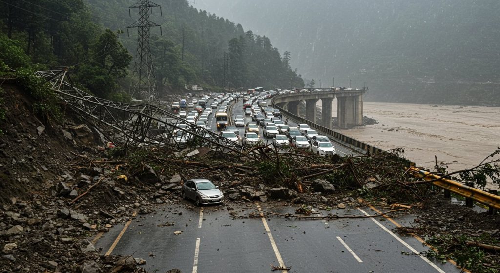 Landslide in Shimla, 2 Vehicles Buried: Chandigarh-Manali Four-lane Closed, Hundreds of Vehicles Stranded; HT Power Line Tower Collapsed in Pandoh, Bridge Damaged in Sunni