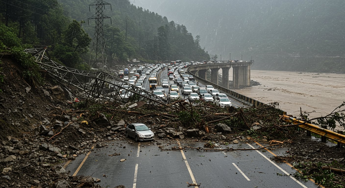 Landslide in Shimla, 2 Vehicles Buried: Chandigarh-Manali Four-lane Closed, Hundreds of Vehicles Stranded; HT Power Line Tower Collapsed in Pandoh, Bridge Damaged in Sunni