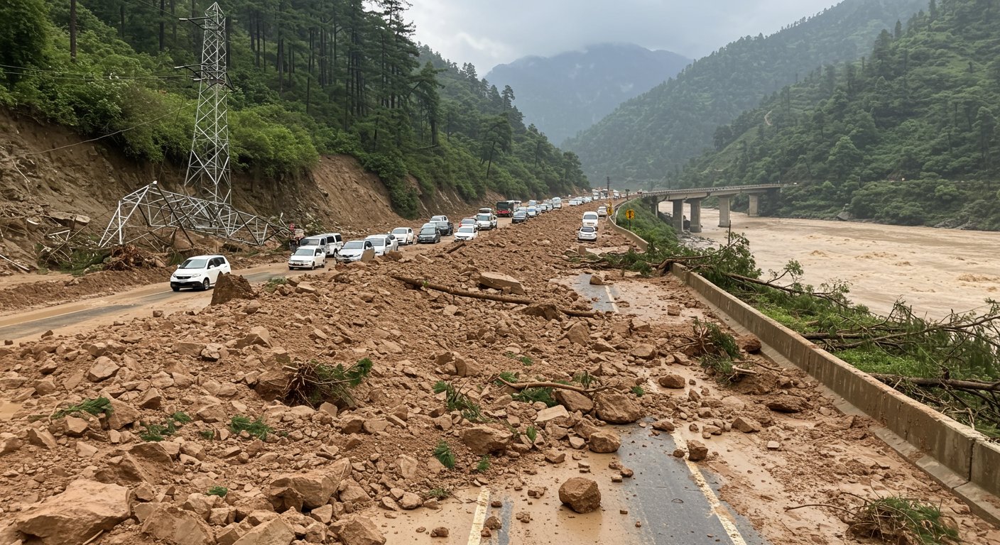 Shimla Landslide: Chandigarh-Manali Four-lane Closed, Hundreds of Vehicles Stranded; Electricity Tower Fell in Pandoh, Bridge Damaged in Sunni