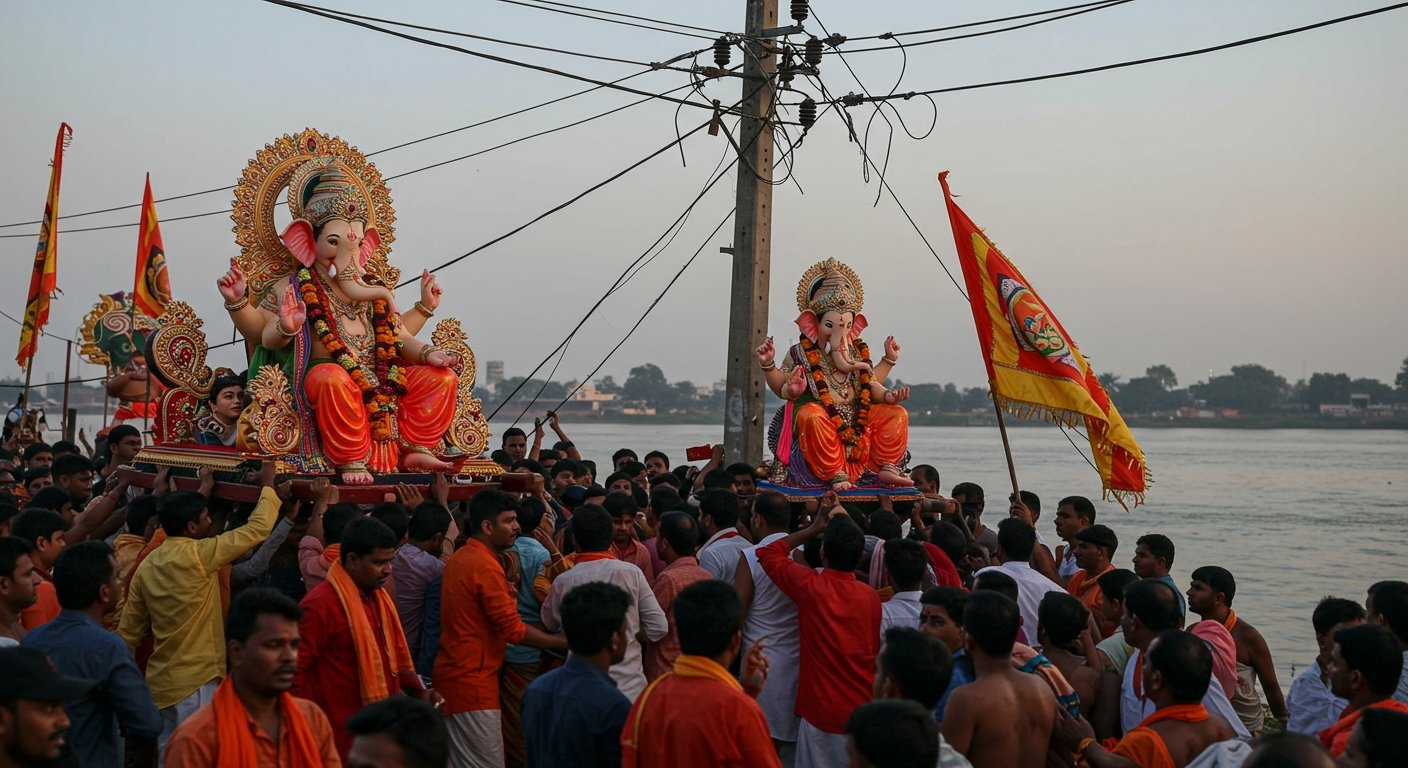 Horrific Accident During Idol Immersion: Flag Touches High-Tension Wire, Electrocuted; Over 12 People Burnt