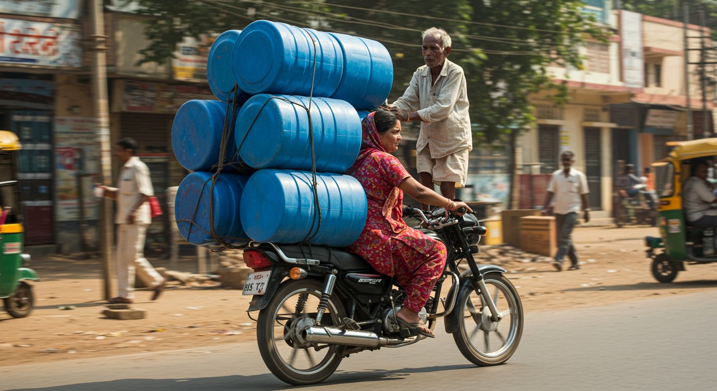 Unique way to carry drums on a bike: Woman loads blue drums by seating an old man, video leaves people astonished!