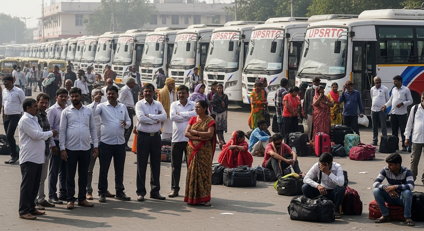 Bus Services Halted in Lucknow: Roadways Staff Protest Against Illegal Taxis at Awadh Bus Station, Passengers Inconvenienced