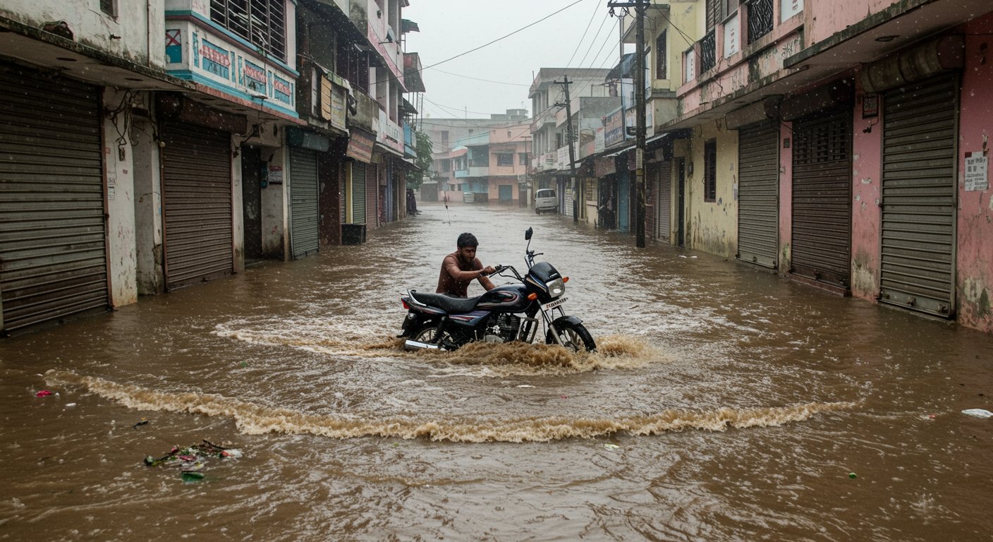 Mahoba: Four-foot deep water fills road in Kharela due to rain, youth swept away with bike.