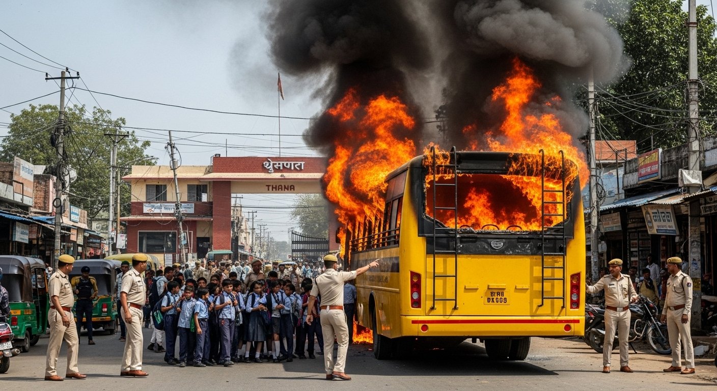Meerut: Massive fire engulfs Saint Patrick's School bus, major accident in front of Partapur police station, 18 children safe