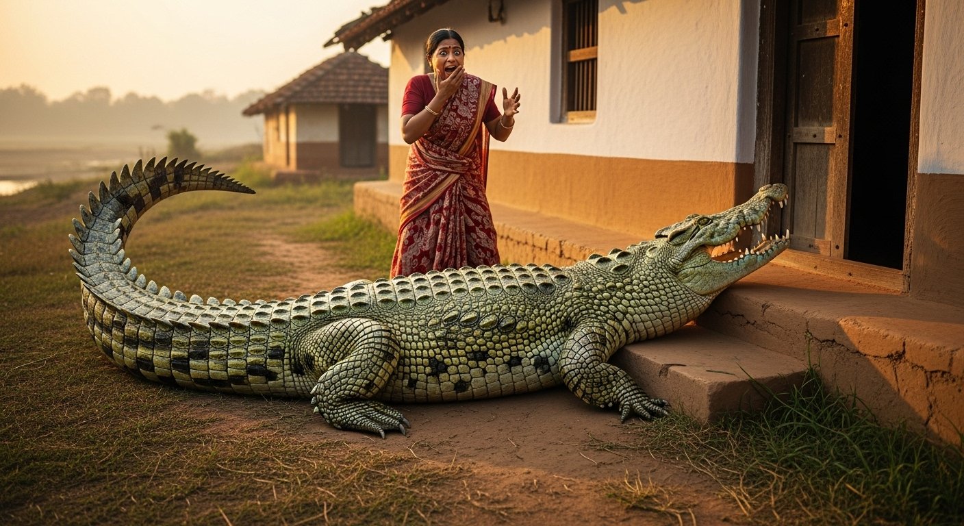 Woman Screams After Spotting 7-Foot Crocodile Outside House In Mirzapur; Safely Released After Strenuous Effort