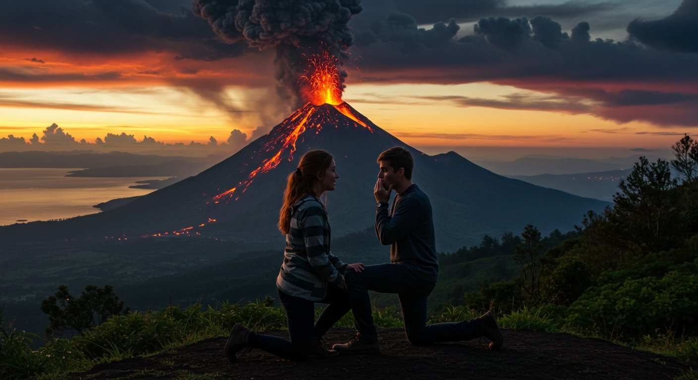 Love Confession in Front of a Volcano: Mountain Explodes Behind Them Right After 'I Love You'!