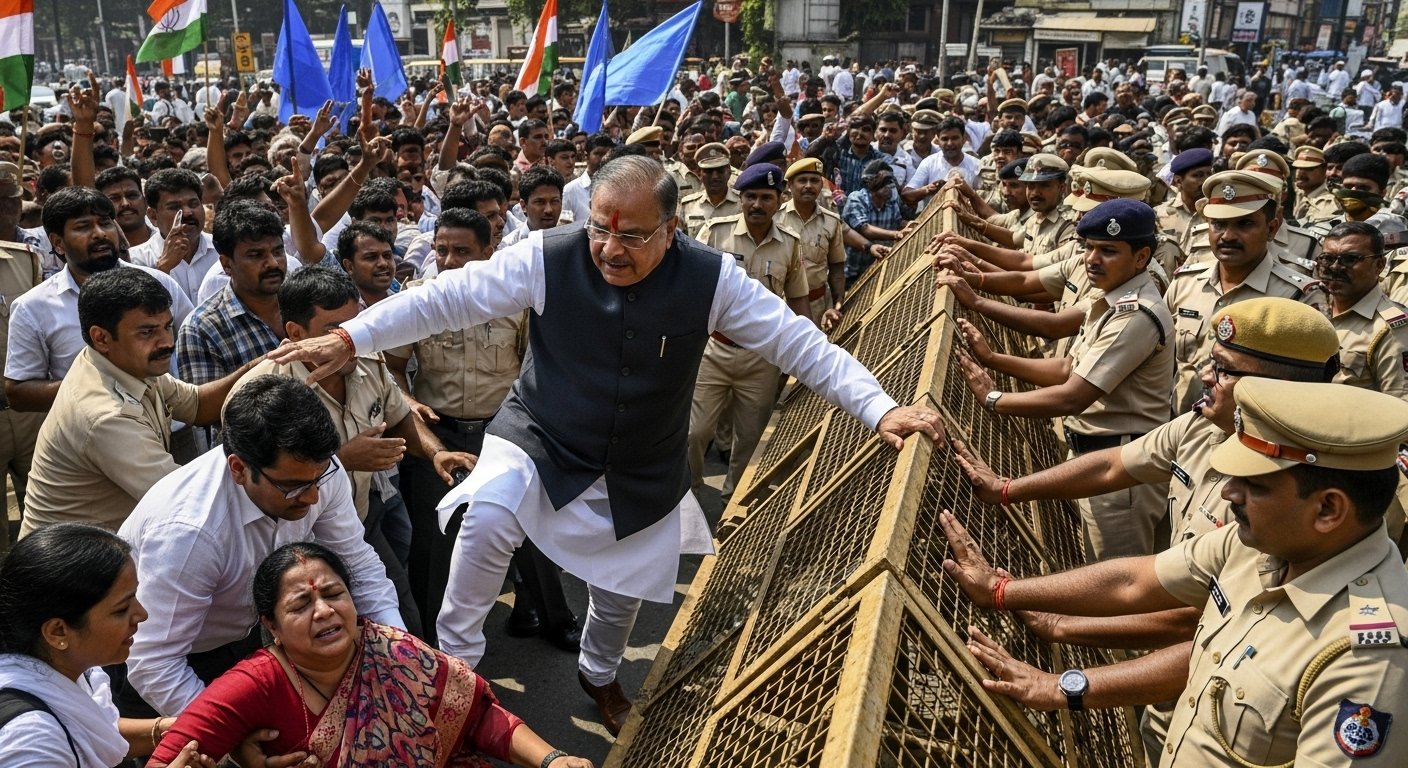 Opposition's March Against Voter Verification: Akhilesh Breaches Barricades After Police Stop Them; Woman MP Faints During Protest