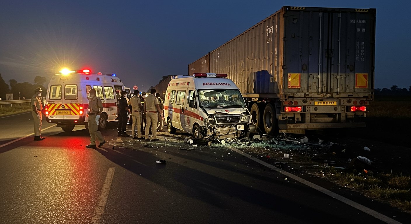 Tragic Bhadohi Road Accident: Ambulance Going to Bihar Collides with Parked Container, Two Women Dead, Six Injured