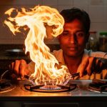 Fire Erupts While Repairing Gas Stove, Man Controls It Uniquely!