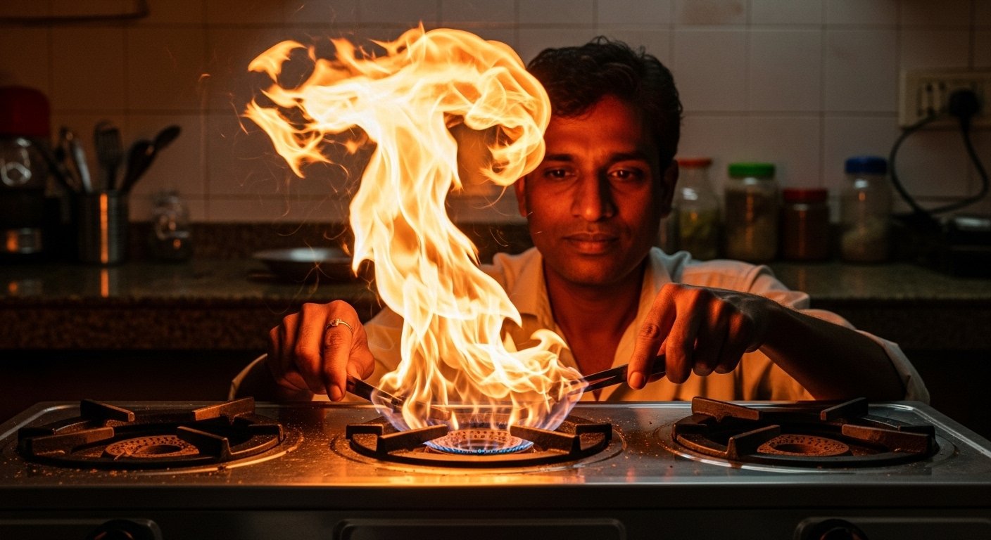 Fire Erupts While Repairing Gas Stove, Man Controls It Uniquely!