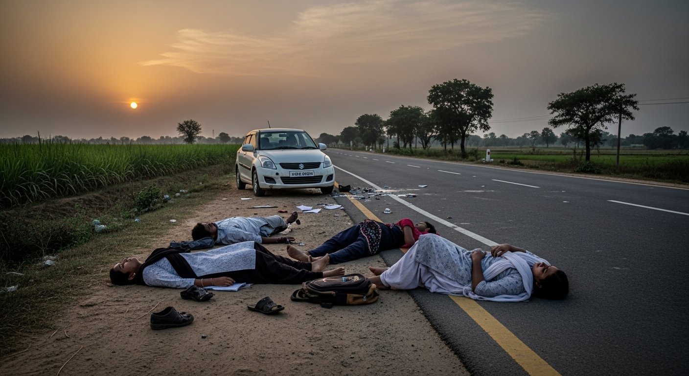 Tragic Accident on Bisalpur-Pilibhit Road: Speeding Car Crushes Four, Including Two Students; All in Serious Condition