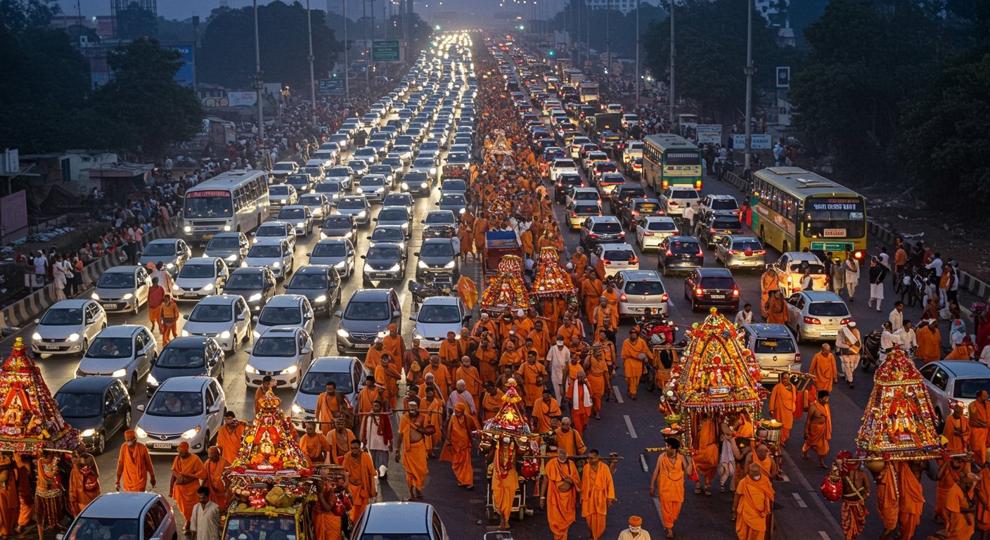 Traffic Jam on Bhopal-Indore Highway Due to Pradeep Mishra's Kanwar Yatra: Thousands of Vehicles Stranded in Sehore Since Night; Claim of 2 Lakh Devotees