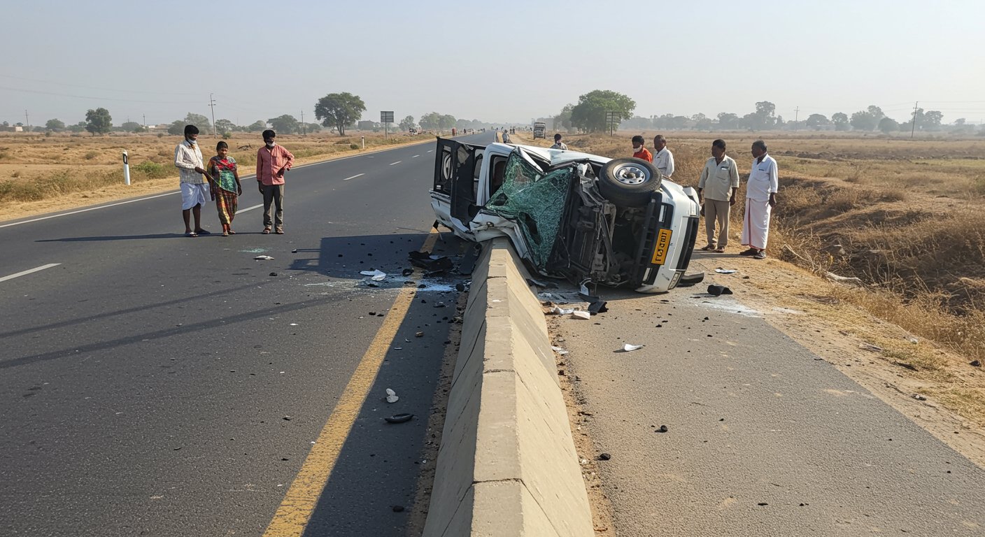 Raebareli Road Accident: Pickup Overturns After Hitting Divider While Saving Cattle, One Dead, Six Injured