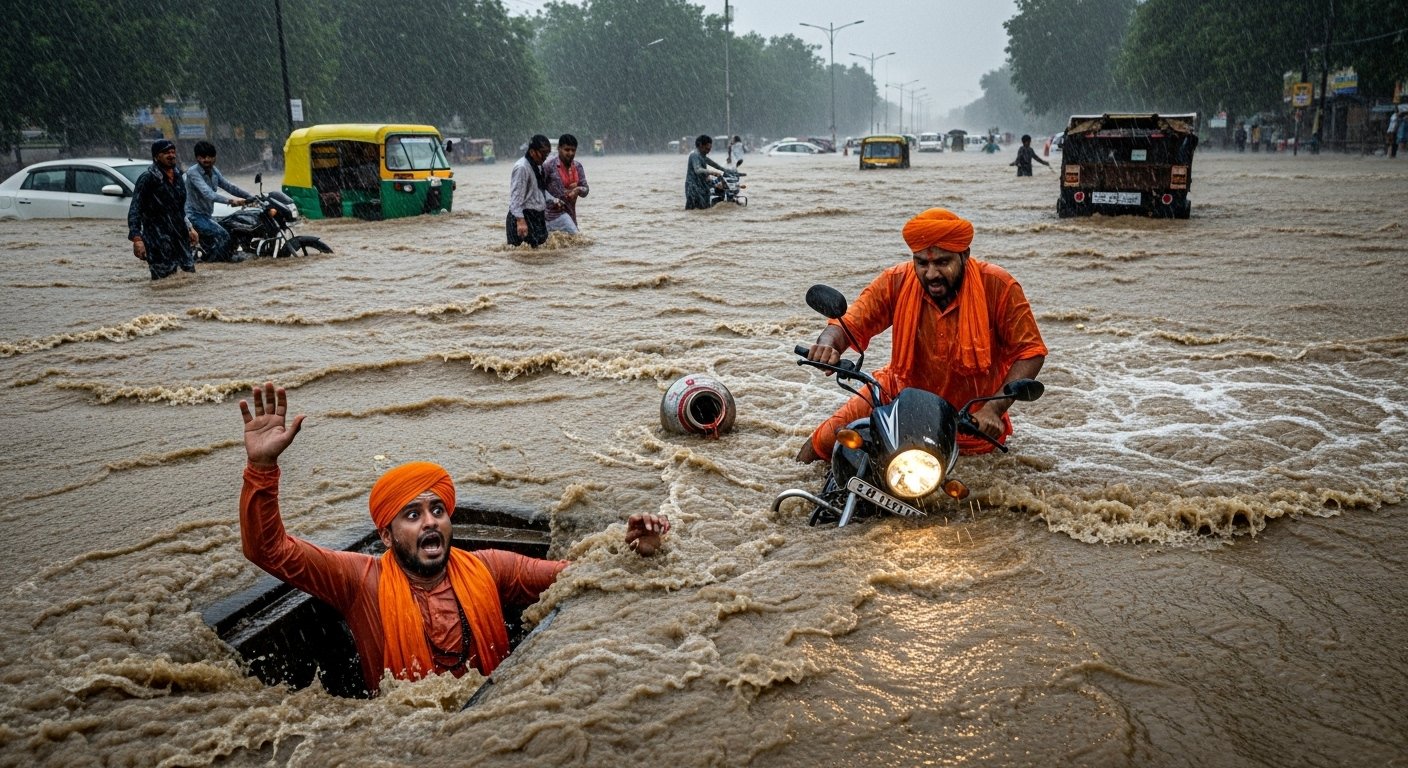 Sky-borne Calamity in Bareilly: Torrential Rain Floods Roads, Two Kanwariyas Swept Away in Drain.