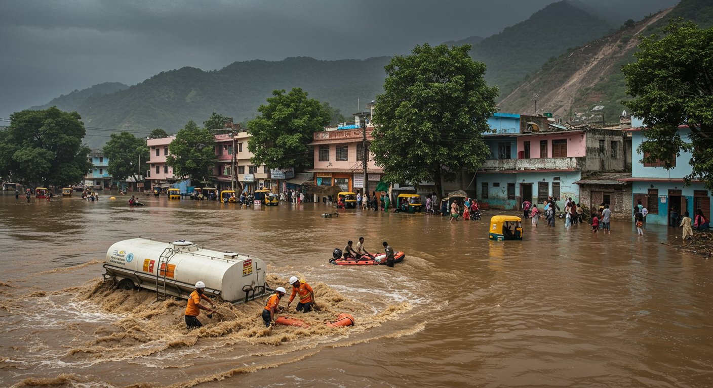 Flood havoc in Rajasthan, waterlogging in Sawai Madhopur; Milk tanker swept away in Gujarat, 13 rescued; Landslide on school in Jammu and Kashmir, building collapsed.