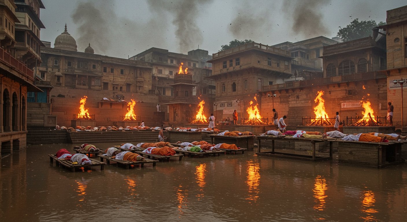 India records 4% above normal rainfall after 12 years: 45 UP districts flooded, bodies line up at Manikarnika Ghat; pyres lit on rooftops.
