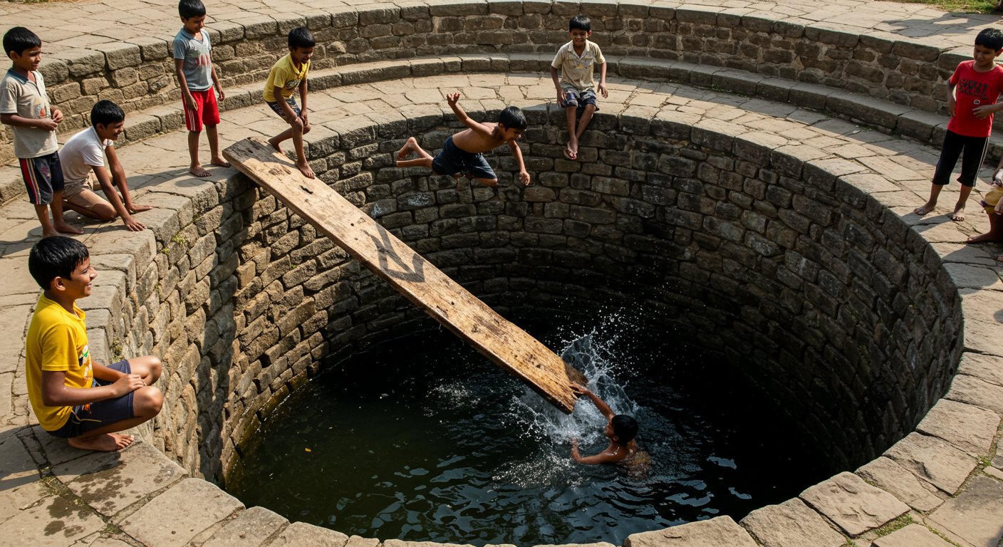 Real Hack! Kids Find Amazing Way To Swim In Well, Dive Deep Into Water Using Wood Support, Video Goes Viral.